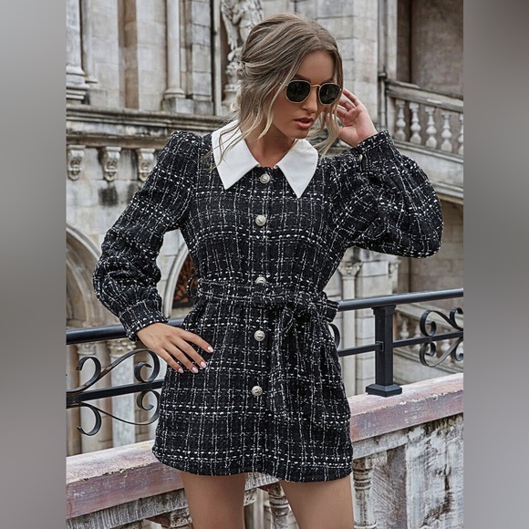 SHEIN Unity Tweed Contrast Collar Belted Coat - Picture 8 of 12